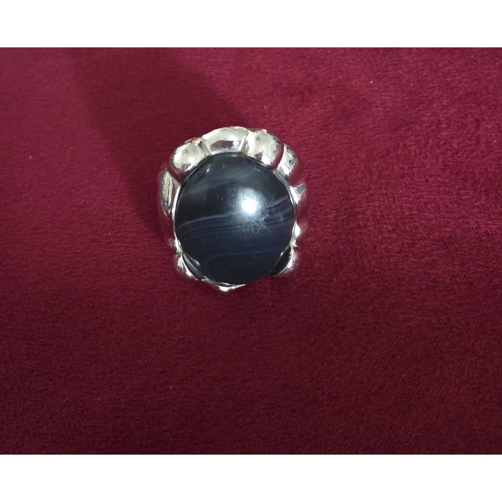 Vintage Sculptural Silver Tone Black Banded Agate Chunky Statement Ring Size 9